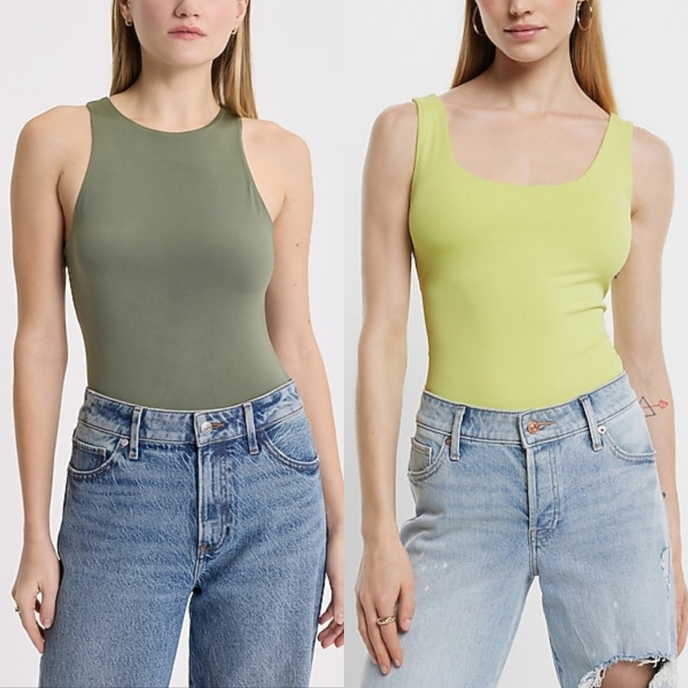 Express x2 Sleeveless Contour Bodysuits in Sage & Melon BUNDLE
